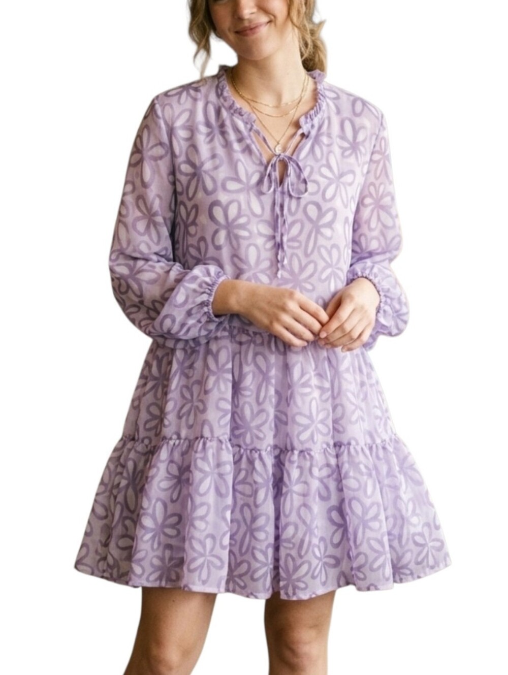 ​Benin Lavender Floral Tiered Mini Dress Size 12 Long Sleeve Ruffle Neck